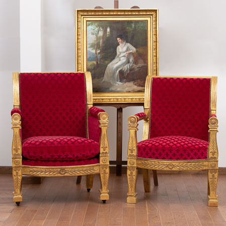 Jacob D. R. Meslée (1803-1813)  - Bergère et fauteuil royaux en bois doré d'époque Empire