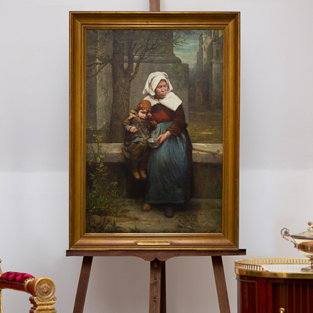 Constant Mayer (1829-1911)  - Femme et petit enfant assis sur un mur, huile sur toile, circa 1873