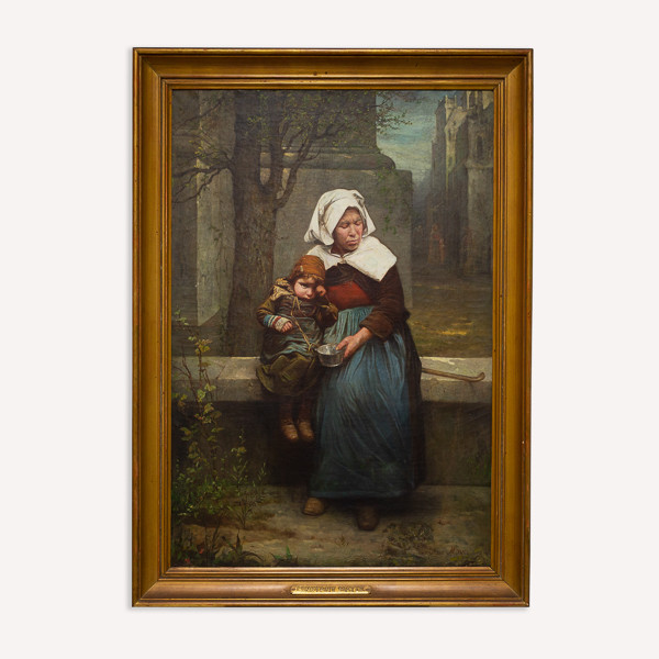 Constant Mayer (1829-1911)  - Femme et petit enfant assis sur un mur, huile sur toile, circa 1873