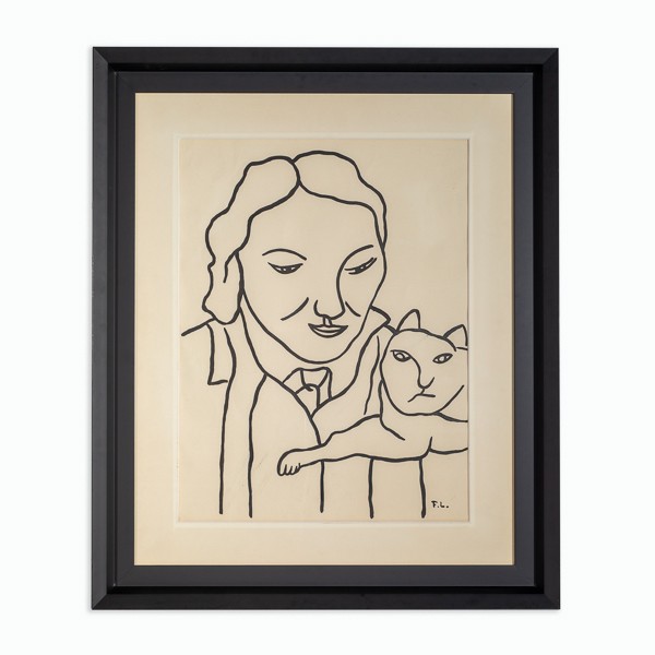 Fernand Léger (1881-1955)  - Nadia with Her Cat, ink on paper, 1950