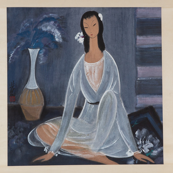 Lin Fengmian (1900-1991) 林风眠  - Jeune fille au vase de fleurs, encre polychrome sur papier