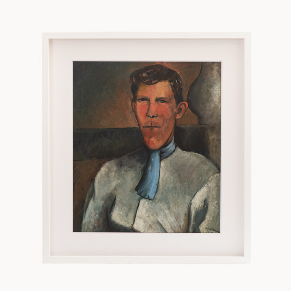 Pedro Creixams (1893-1965)  - VILAIN, self-portrait with a blue scarf, oil on cardboard 1921